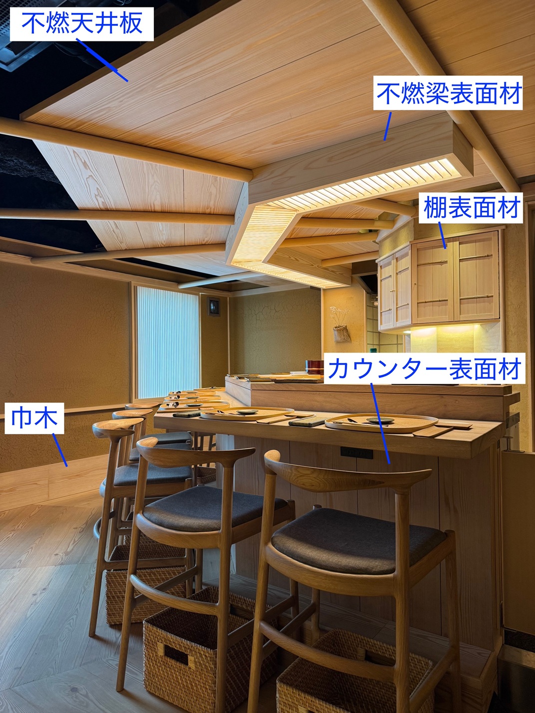渋谷寿司　不燃和室天井板、不燃梁表面材、カウンター化粧材、棚化粧材、巾木